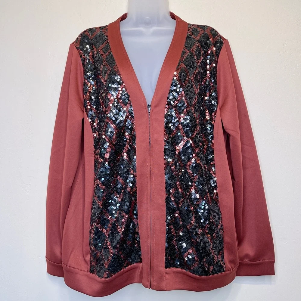 Bob Mackie | Wearable Art Sequin Zip Up Athleisure Track Scuba Glam Jacket